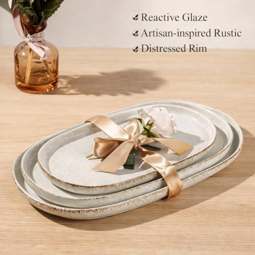 Ceramic Serving Platters Set of 3, Reactive handcrafted Oval Plates in Stone Stalactites, alternate view 5