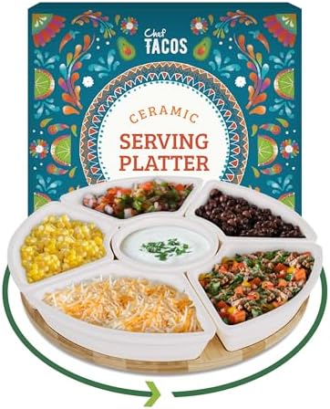 Ceramic Taco Lazy Susan, Taco Serving Platter, 6 Bowls, 10.2 in in 10.2-Inch in White