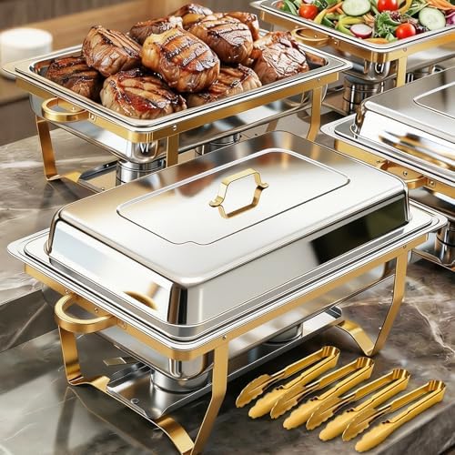 Chafing Dish Buffet Set, 11QT 4 Pack Gold Chafing Dishes for Buffet with 4 Serving Tongs, Buffet Set Full Size