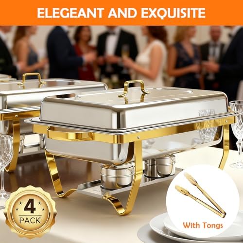 Chafing Dish Buffet Set, 11QT 4 Pack Gold Chafing Dishes for Buffet with 4 Serving Tongs, Buffet Set Full Size, alternate