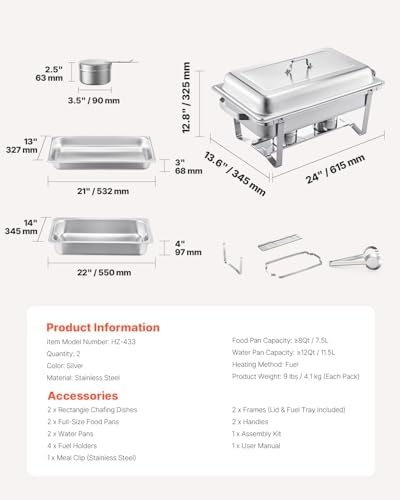 Chafing Dish Buffet Set, 2 Pack Stainless Chafer with 2 Full Pans, Rectangle Catering Warmer Server with Lid, alternate view