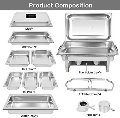 Chafing Dish Buffet Set[4 Pack] 8QT Stainless Steel Buffet Chafers, Catering Food Warmers Set With 7 Trays, alternate view 2