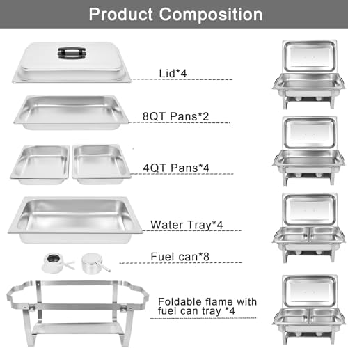 Chafing Dish Buffet Set[4 Pack] 8QT Stainless Steel Buffet Chafers, Catering Food Warmers Set with 6 Trays in, alternate view