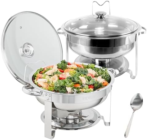 Chafing Dish Buffet Set, 4 Qt 2 Pack, Stainless Steel Chafer, Round Catering Warmer Server with Vented Glass Lid
