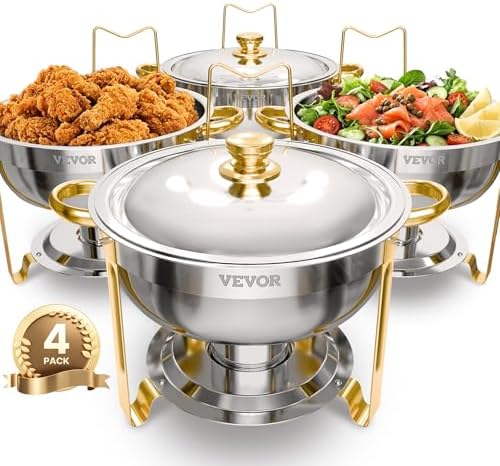 Chafing Dish Buffet Set, 5 Qt 4 Pack, Stainless Steel Chafer with 4 Full Size Pans, Round Catering Warmer Server