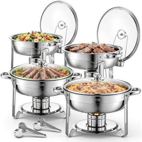 Chafing Dish Buffet Set, 5 Qt 4 Pack, Stainless Steel Chafer with 4 Full Size Pan, Round Catering Warmer Server