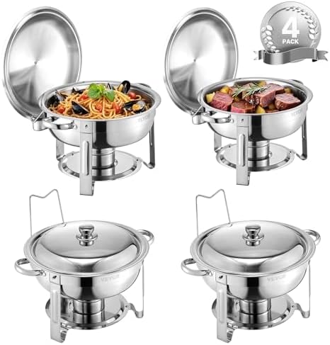 Chafing Dish Buffet Set, 5 Qt 4 Pack, Stainless Steel Chafer with 4 Full Size Pans, Round Catering Warmer Server