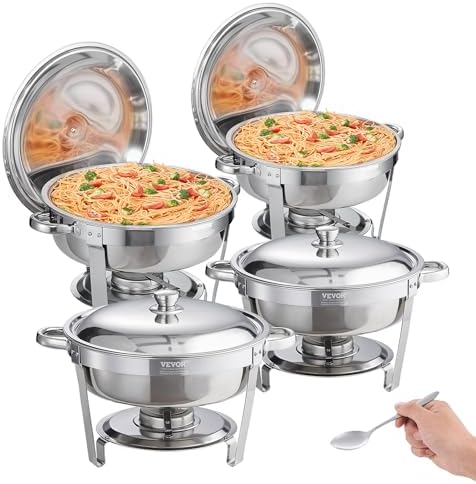Chafing Dish Buffet Set, 5 Qt 4 Pack, Stainless Steel Chafer with Full Size Pan, Round Catering Warmer Server