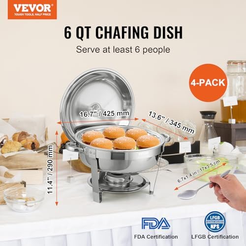 Chafing Dish Buffet Set, 5 Qt 4 Pack, Stainless Steel Chafer with Full Size Pan, Round Catering Warmer Server, alternate view