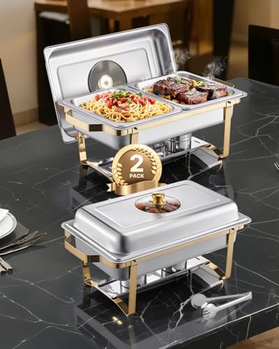 Chafing Dish Buffet Set,8 Qt 2 Pack, Stainless Steel Chafer with 4 Half Size Pans, Rectangle Catering Warmer