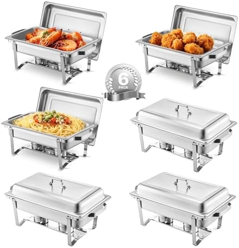 Chafing Dish Buffet Set, 8 Qt 6 Pack, Stainless Steel Chafer with 6 Full Size Pans, Rectangle Catering Warmer