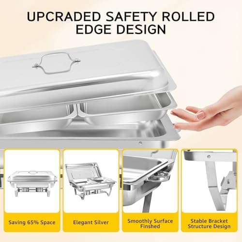Chafing Dish for Buffet, 2 Pack 9QT Stainless Steel Chafing Servers Food Warmer Set with 4 Half Size Food Pan, alternate view