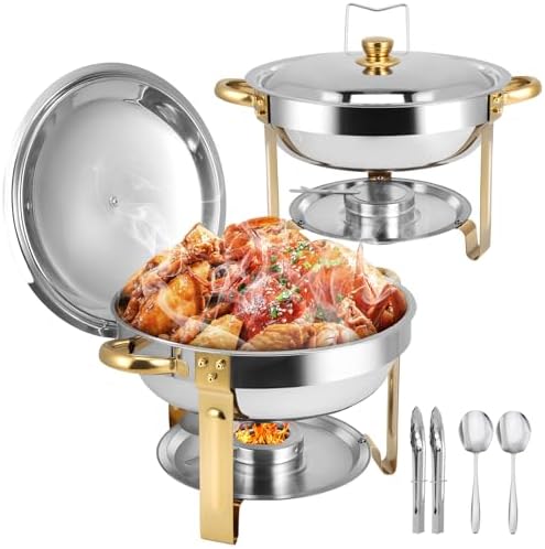 Chafing Dishes for Buffet 2 Pack, 5QT Round Chafing Dish Buffet Set [Elegant Gold and Silver Colors] Stainless