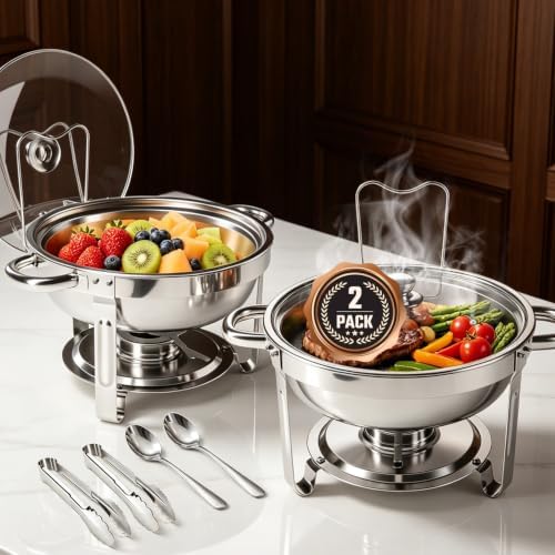 Chafing Dishes for Buffet, 2 Pack 5QT Stainless Steel Round Buffet Servers and Warmers, Buffet Warmer Set with 2