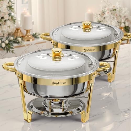 Chafing Dishes for Buffet 2 Pack, 6QT Round Chafing Dishes for Buffet [Elegant Gold] Stainless Steel Chafing