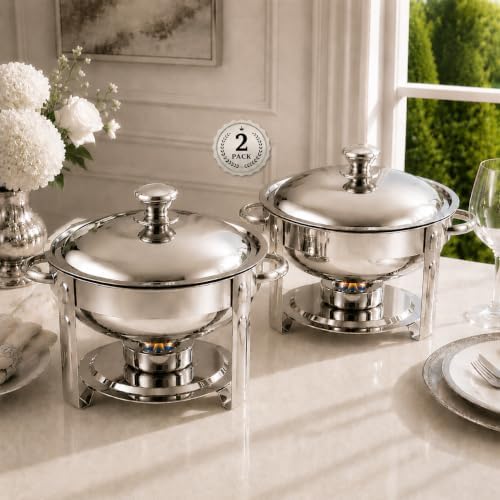 Chafing Dishes for Buffet, 2 Pack 6QT Round Stainless Steel, Silver in Silver
