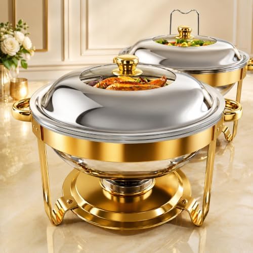Chafing Dishes for Buffet 2 Pack, 7QT Food Warmers for Party with Glass Lid in Gold