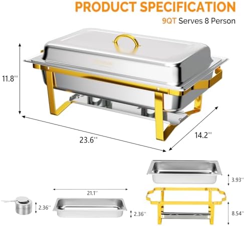 Chafing Dishes for Buffet 2 Pack, 9QT Chafing Dishes [Elegant Gold & Silver] with Rolled-Edge Design, Catering, alternate