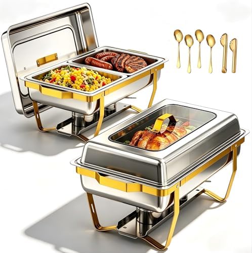 Chafing Dishes for Buffet, 2-Pack Hot Cold Food Warmer with Glass Lid, 9QT Large Capacity Stainless Steel Buffet