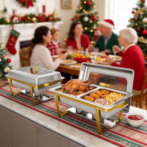 Chafing Dishes for Buffet, 2-Pack Hot Cold Food Warmer with Glass Lid, 9QT Large Capacity Stainless Steel Buffet, alternate