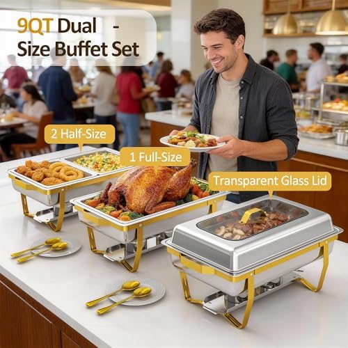 Chafing Dishes for Buffet, 2-Pack Hot Cold Food Warmer with Glass Lid, 9QT Large Capacity Stainless Steel Buffet, alternate