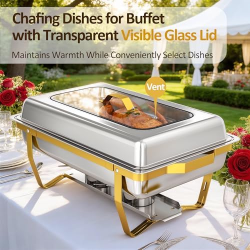 Chafing Dishes for Buffet, 2-Pack Hot Cold Food Warmer with Glass Lid, 9QT Large Capacity Stainless Steel Buffet, alternate