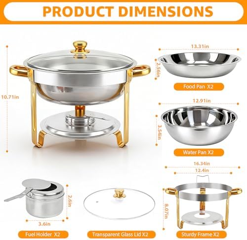 Chafing Dishes for Buffet,2PACK 4.5QT Round Chafing Dishes for Buffet, Gold and Silver Stainless Steel Chafing, alternate