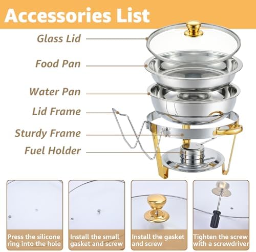 Chafing Dishes for Buffet,2PACK 4.5QT Round Chafing Dishes for Buffet, Gold and Silver Stainless Steel Chafing, alternate