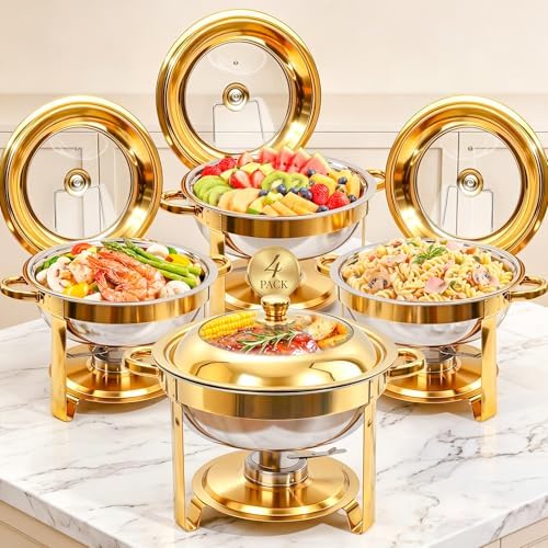 Chafing Dishes for Buffet, 4 Pack 4.5QT Round Chafing Dishes, Gold Stainless Steel Chafing Dish Buffet Set with