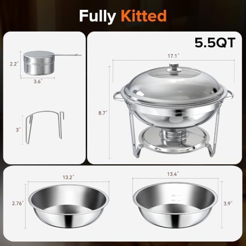 Chafing Dishes for Buffet, 4 Pack 5.5 QT Round Stainless Steel Set, alternate view 2