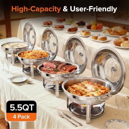 Chafing Dishes for Buffet, 4 Pack 5.5 QT Round Stainless Steel Set, alternate view 3