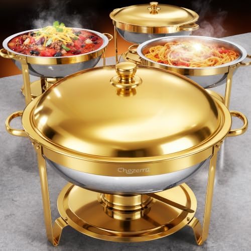 Chafing Dishes for Buffet, 4 Pack 5.5 QT Round Stainless Steel Set, Gold in Gold
