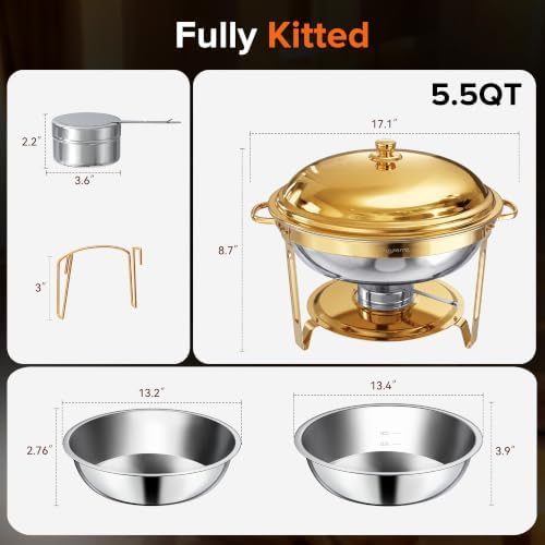 Chafing Dishes for Buffet, 4 Pack 5.5 QT Round Stainless Steel Set, Gold in Gold, alternate view 2