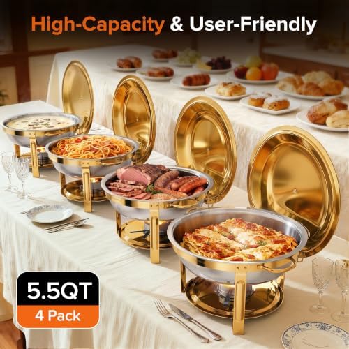 Chafing Dishes for Buffet, 4 Pack 5.5 QT Round Stainless Steel Set, Gold in Gold, alternate view 3