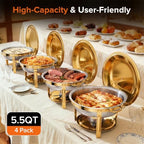 Chafing Dishes for Buffet, 4 Pack 5.5 QT Round Stainless Steel Set, Gold in Gold, alternate view 3