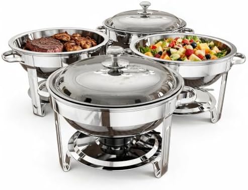 Chafing Dishes for Buffet, 4 Pack 5QT Round Stainless Steel Chafing Dish Set for Home Parties, Christmas