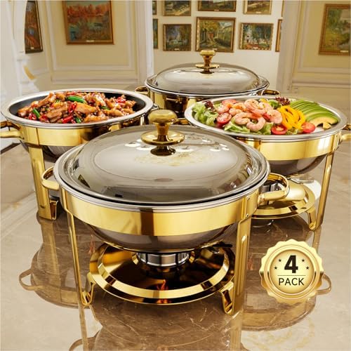 Chafing Dishes for Buffet, 4 Pack 5QT Round Stainless Steel Chafing Dish Set for Home Parties, Christmas