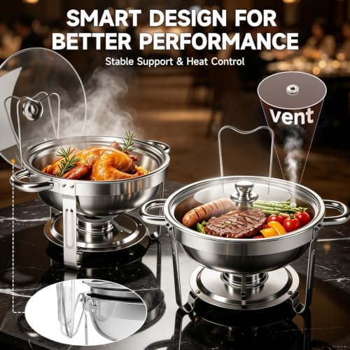 Chafing Dishes for Buffet, 4 Pack 5QT Stainless Steel Round Buffet Servers and Warmers, Buffet Warmer Set with 4, alternate