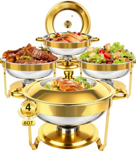 Chafing Dishes for Buffet 4 Pack 6QT Gold Stainless Steel with Glass Lid