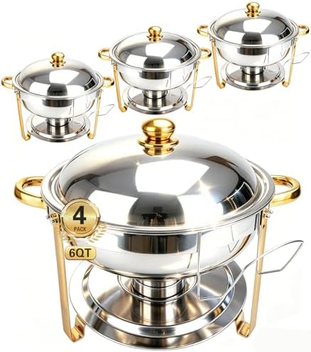 Chafing Dishes for Buffet 4 Pack, 6QT Round Chafing Dish Buffet Set Stainless Steel Buffet Food Warmers Set for