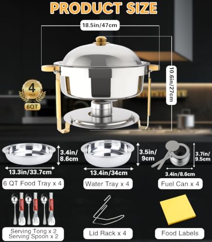 Chafing Dishes for Buffet 4 Pack, 6QT Round Chafing Dish Buffet Set Stainless Steel Buffet Food Warmers Set for, alternate