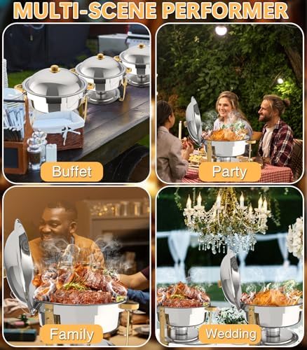 Chafing Dishes for Buffet 4 Pack, 6QT Round Chafing Dish Buffet Set Stainless Steel Buffet Food Warmers Set for, alternate