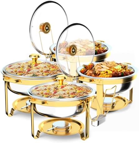 Chafing Dishes for Buffet 4 Pack, 6QT Round Chafing Dish Buffet Set with Glass Lid & Lid Holder, Stainless Steel