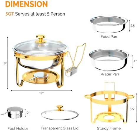 Chafing Dishes for Buffet 4 Pack, 6QT Round Chafing Dish Buffet Set with Glass Lid & Lid Holder, Stainless Steel, alternate