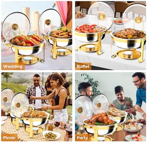 Chafing Dishes for Buffet 4 Pack, 6QT Round Chafing Dish Buffet Set with Glass Lid & Lid Holder, Stainless Steel, alternate