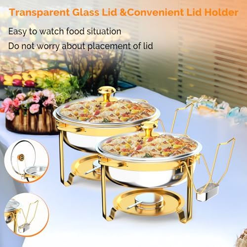 Chafing Dishes for Buffet 4 Pack, 6QT Round Chafing Dish Buffet Set with Glass Lid & Lid Holder, Stainless Steel, alternate