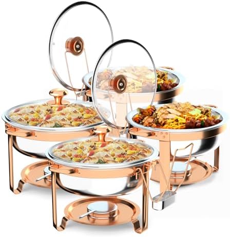 Chafing Dishes for Buffet 4 Pack, 6QT Round Chafing Dish Buffet Set with Glass Lid & Lid Holder, Stainless Steel