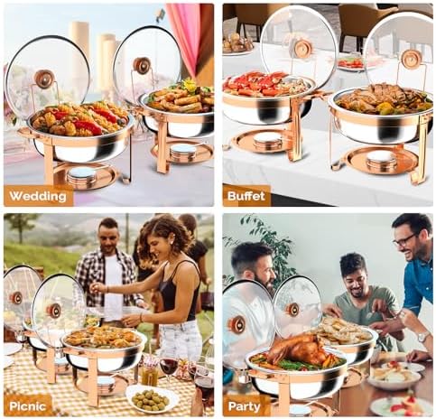 Chafing Dishes for Buffet 4 Pack, 6QT Round Chafing Dish Buffet Set with Glass Lid & Lid Holder, Stainless Steel, alternate