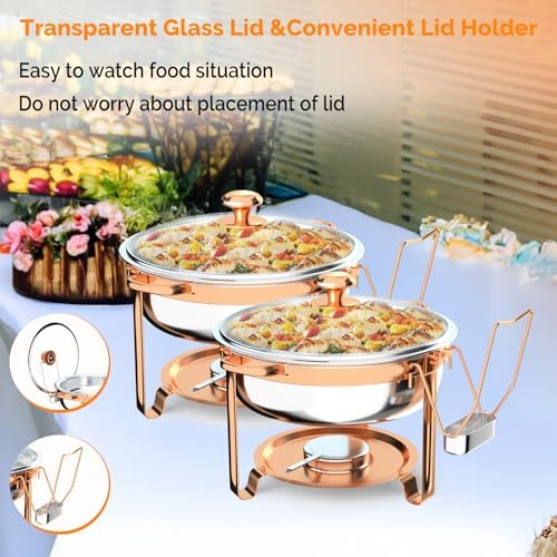 Chafing Dishes for Buffet 4 Pack, 6QT Round Chafing Dish Buffet Set with Glass Lid & Lid Holder, Stainless Steel, alternate