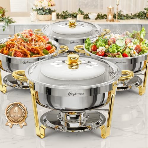 Chafing Dishes for Buffet 4 Pack, 6QT Round Chafing Dishes for Buffet [Elegant Gold and Silver Colors] Stainless